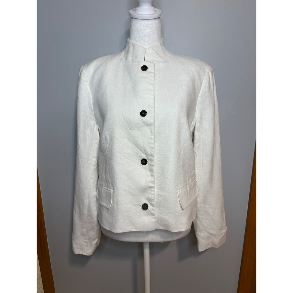 Lafayette 148 New York White 100% Linen Stand Collar Blazer Jacket Button Front - Picture 3 of 14
